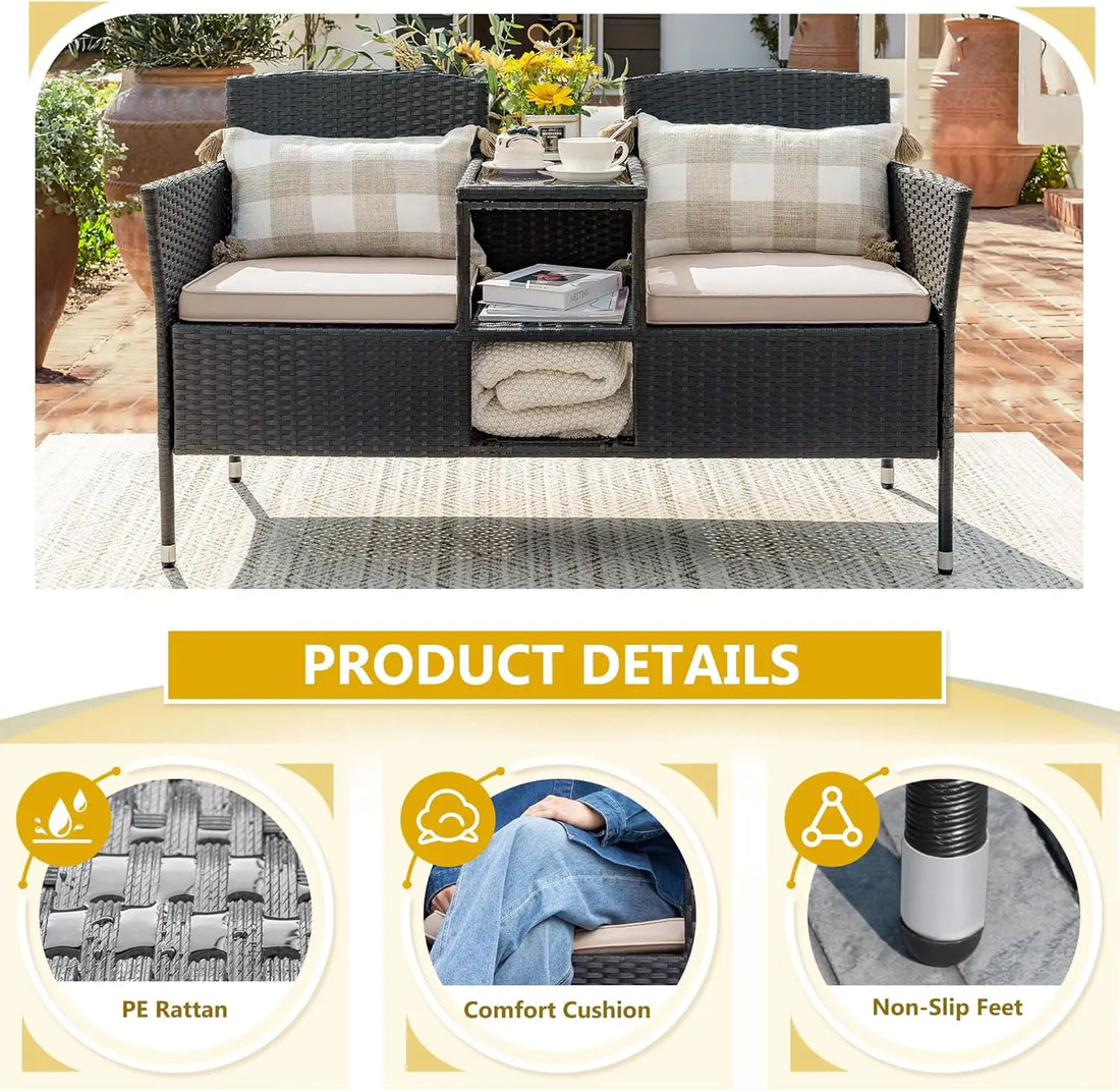 2-Seat Rattan Patio Loveseat with Table & Cushions