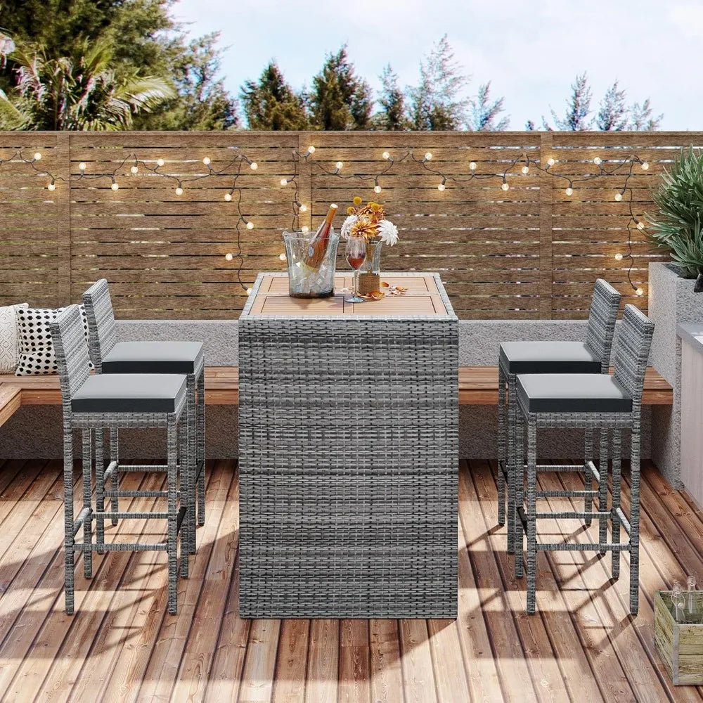 5-Piece Rattan Patio Bar Set with Table & 4 Stools