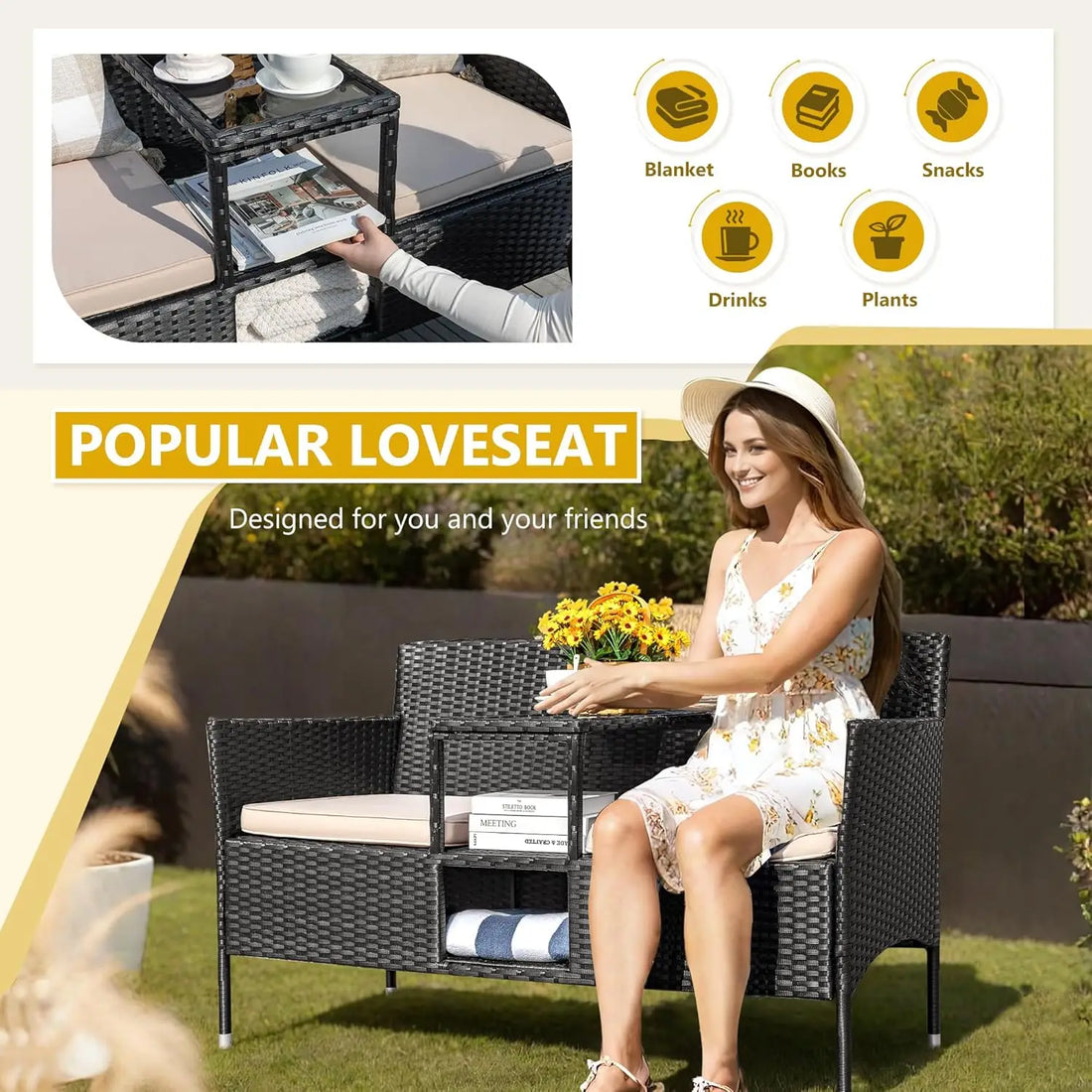 2-Seat Rattan Patio Loveseat with Table & Cushions