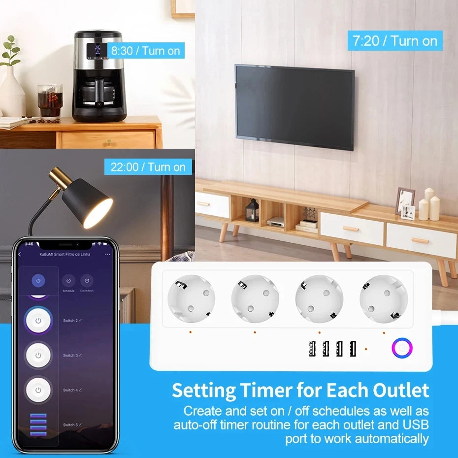 Smart WiFi Power Strip with 4 Plugs & 4 USB