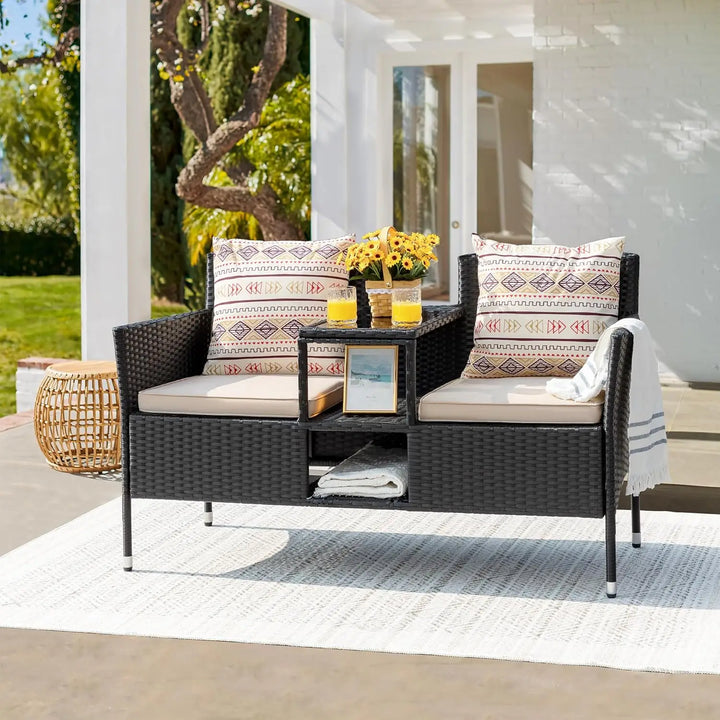 2-Seat Rattan Patio Loveseat with Table & Cushions