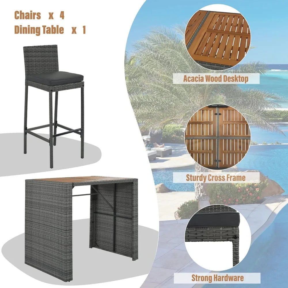 5-Piece Rattan Patio Bar Set with Table & 4 Stools