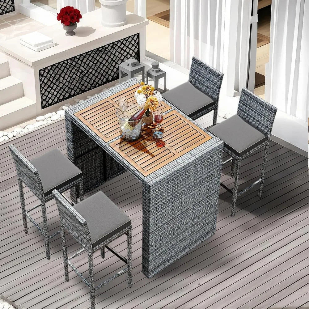 5-Piece Rattan Patio Bar Set with Table & 4 Stools