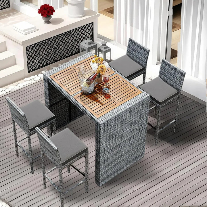 5-Piece Rattan Patio Bar Set with Table & 4 Stools