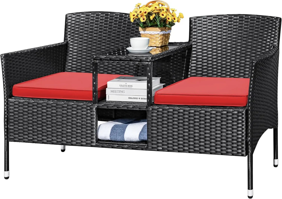 2-Seat Rattan Patio Loveseat with Table & Cushions