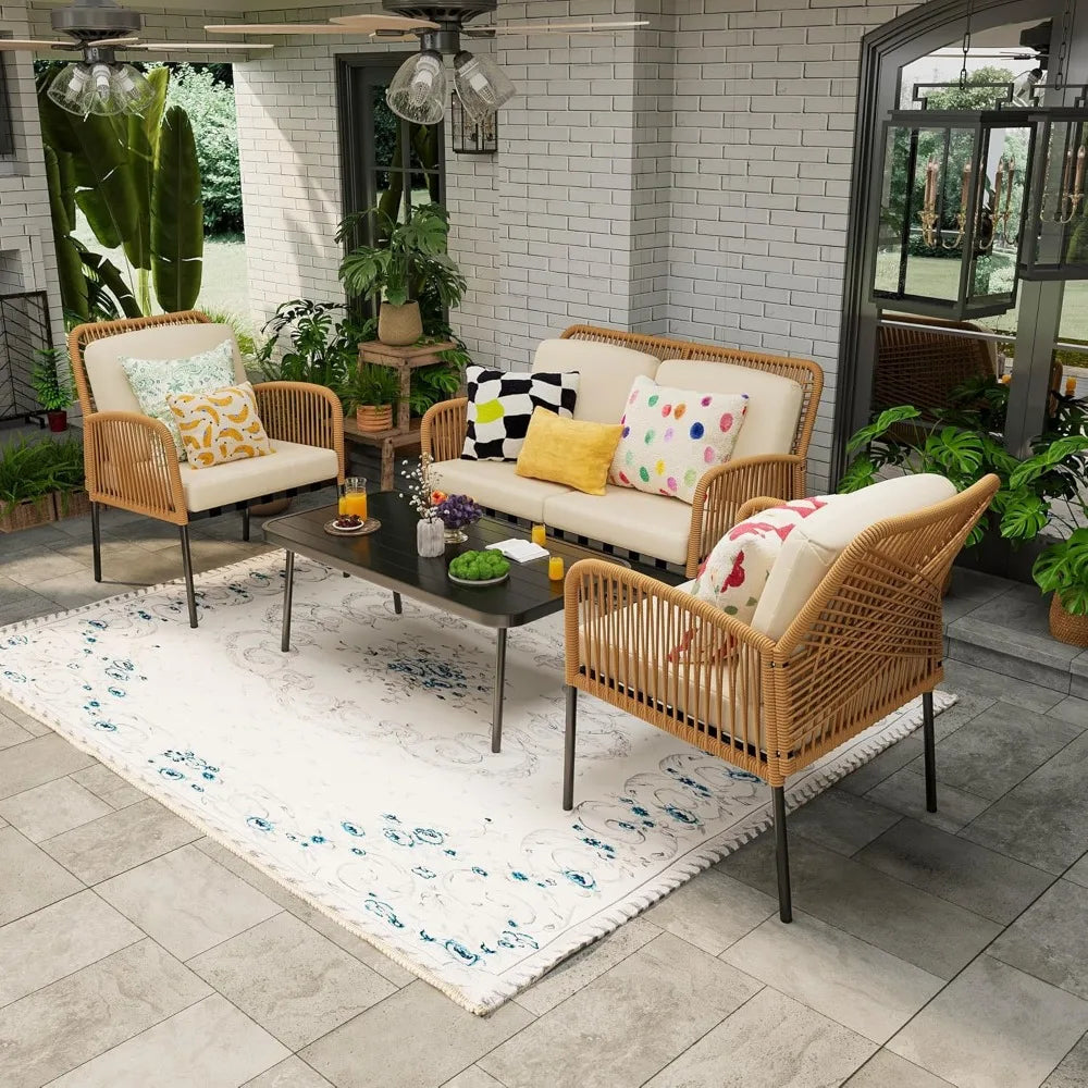 4PC Boho Rope Patio Furniture Set – Outdoor Conversation Set