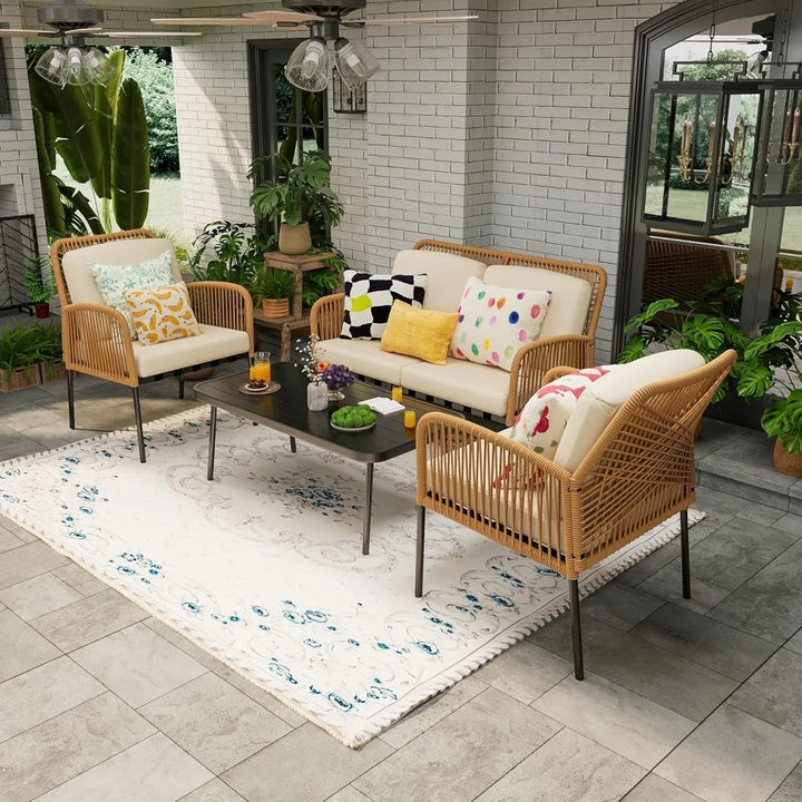 4PC Boho Rope Patio Furniture Set – Outdoor Conversation Set