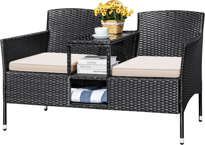 2-Seat Rattan Patio Loveseat with Table & Cushions