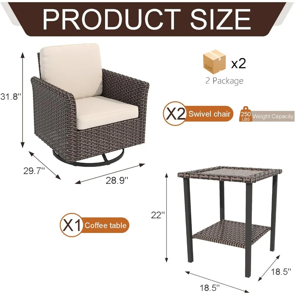 3PC Rattan Swivel Patio Furniture Set – Chairs & Side Table