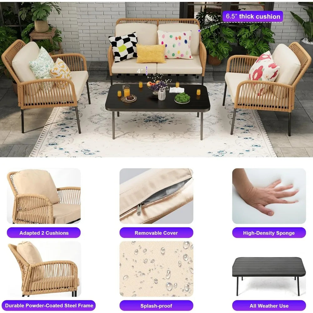 4PC Boho Rope Patio Furniture Set – Outdoor Conversation Set