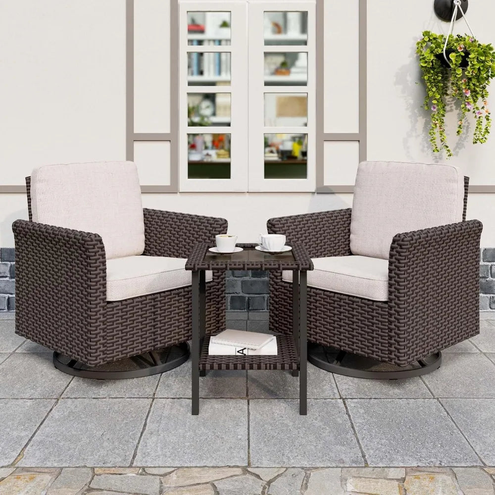 3PC Rattan Swivel Patio Furniture Set – Chairs & Side Table