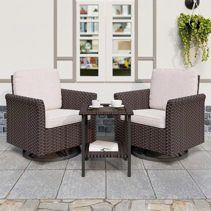 3PC Rattan Swivel Patio Furniture Set – Chairs & Side Table