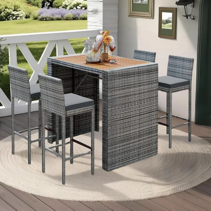 5-Piece Rattan Patio Bar Set with Table & 4 Stools