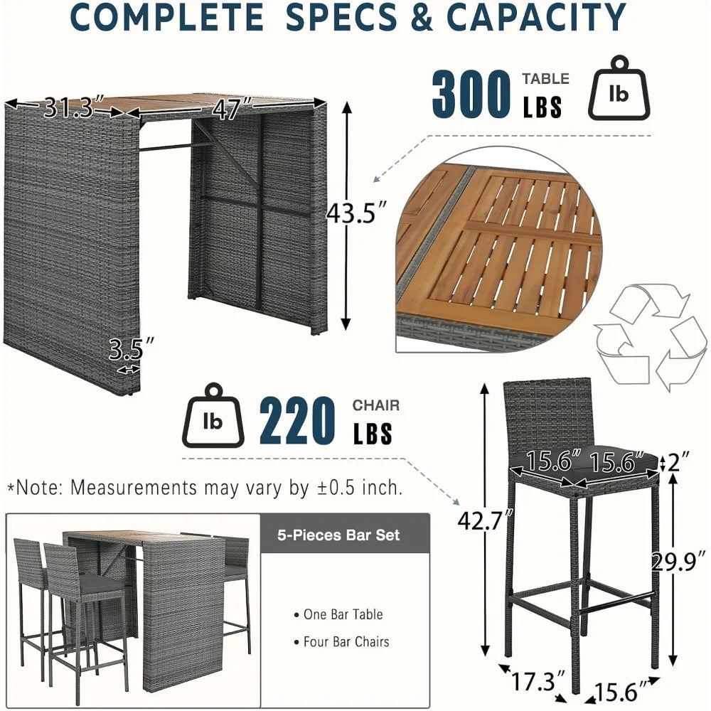 5-Piece Rattan Patio Bar Set with Table & 4 Stools