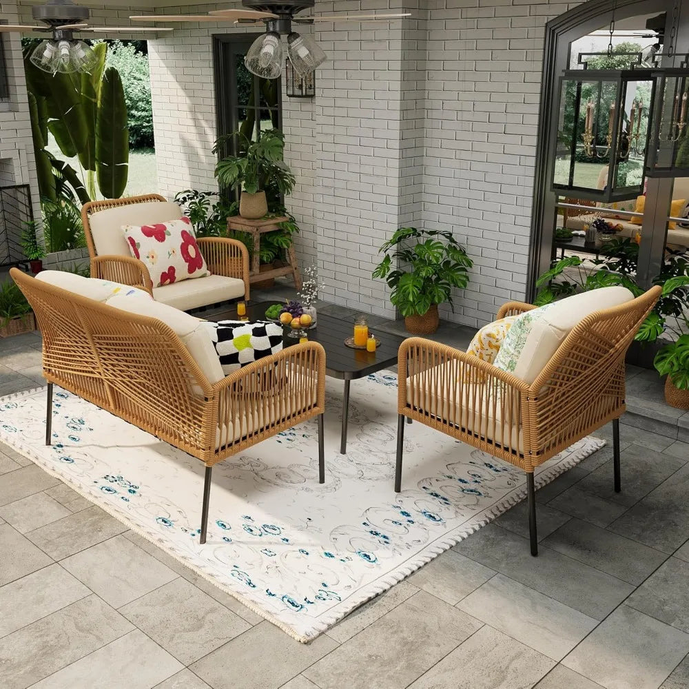 4PC Boho Rope Patio Furniture Set – Outdoor Conversation Set