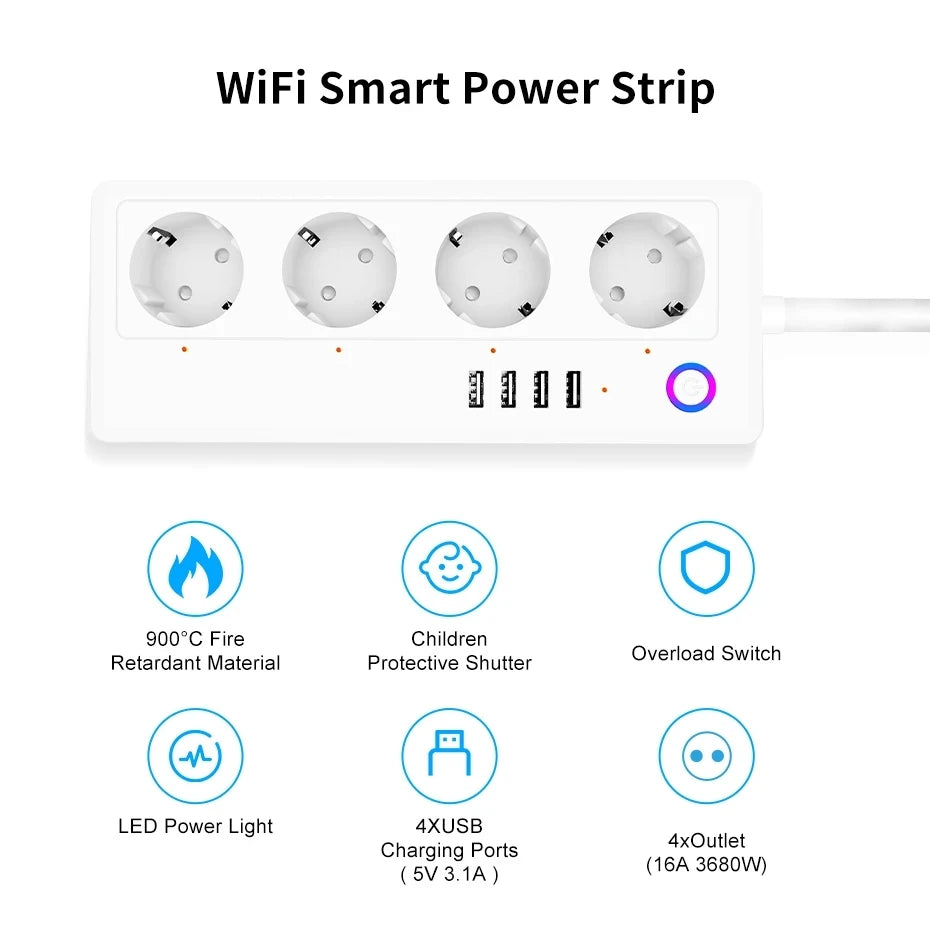 Smart WiFi Power Strip with 4 Plugs & 4 USB