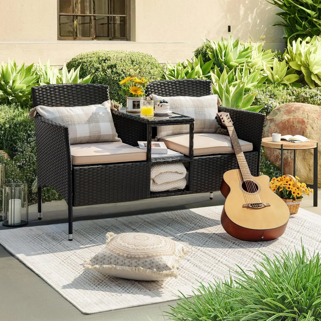 2-Seat Rattan Patio Loveseat with Table & Cushions